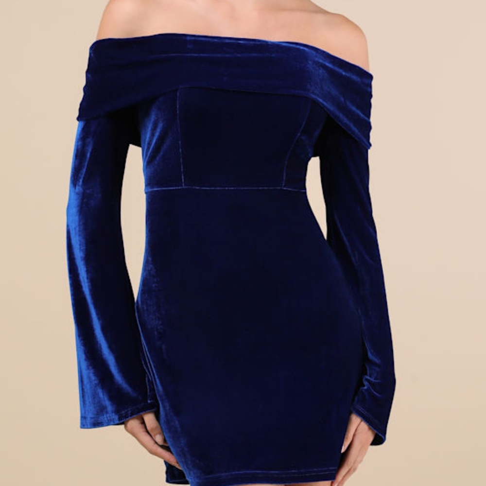 Lulus Alluring Glam Dark Blue Velvet Off-the-shoulder Mini Dress - Size S